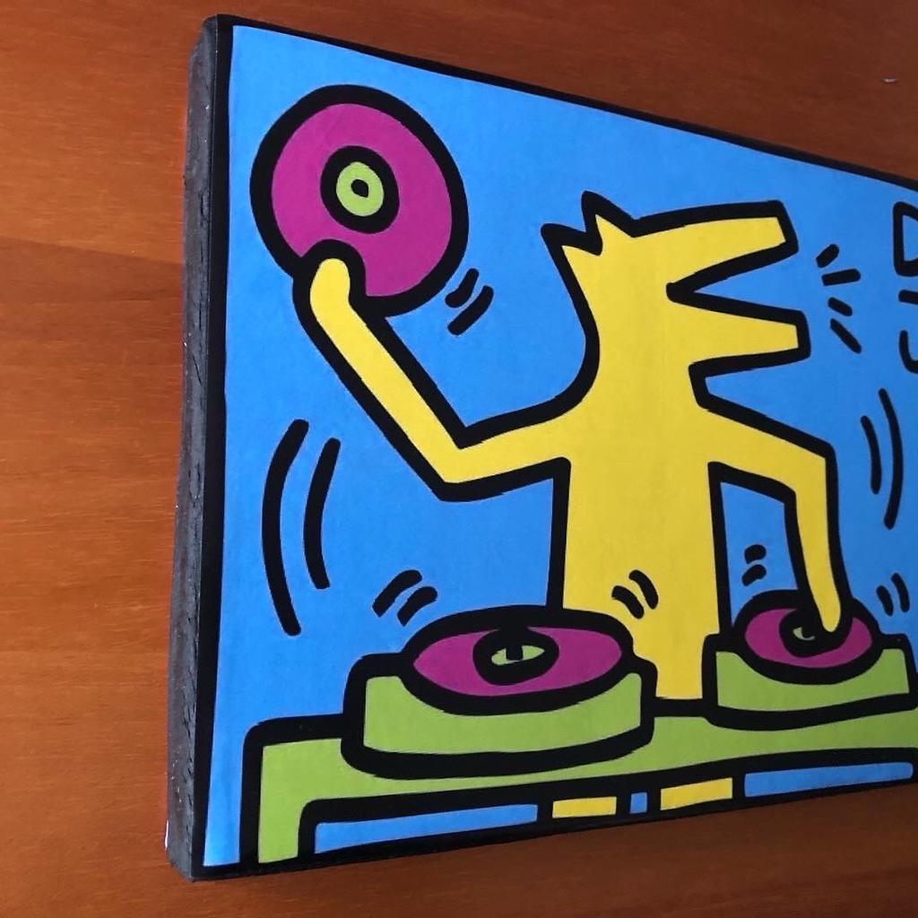 Quadro “DJ Dog” di Keith Haring, artista Pop, da appendere dove vuoi, possibilità di spedire con spese a carico e di realizzarne altri, anche in altri formati, con l’immagine che vuoi, anche una foto fatta con il cellulare. (27x20x2 cm , 5€)