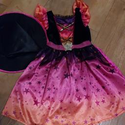 Witch costume dress & hat, Halloween, 3-4 years. Lovely long lasting and fun not just for Halloween. Mix of velvety and satin feel, with sequins. Pet & smoke free home