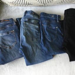 3 pairs of skinny fit river island jeans, frayed leg on 2 of them and straight leg on other, lovely on, the black are size 10 long from next, brand new never been worn.