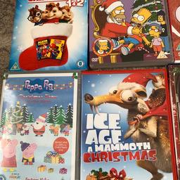 15 DVDs ( Christmas collection)
Can sell individually £2 each
Including 
Peppa pig, Madagascar, Rudolph, Simpsons, Alvin and the chipmunks, the muppet, ice age, mickey, Donald &friends, miracle, Santa Claus is coming to town, winter wonderland and nativity.