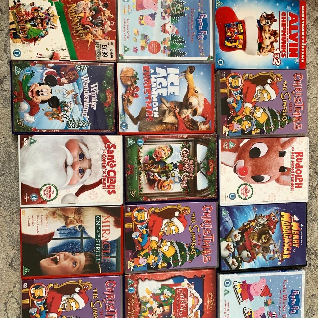 15 DVDs ( Christmas collection)
Can sell individually £2 each
Including
Peppa pig, Madagascar, Rudolph, Simpsons, Alvin and the chipmunks, the muppet, ice age, mickey, Donald &friends, miracle, Santa Claus is coming to town, winter wonderland and nativity.