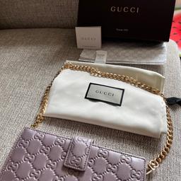 Please note this purse serial number inside and matches on the box it’s 100% genuine Gucci I’ve had many years and shows signs of wear to the outside as in photo please ask if you require more photos via email as only let me upload 5, I only accept PayPal and the price includes my fees they will deduct when buyer pays for goods but postage is extra by special delivery .many many years of joy to be had out of this lovely item NO OFFERS this is a set price so please don’t send silly offers because they won’t be accepted lovely lilac colour with gold tone gg and chain that is detachable, but I wore on my shoulder ,so many compliments I’ve had off people over the years and I know you will too ,postage will be tk uk special delivery due to excpense of it