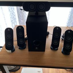 Logitech x-530 
Speakers Logitech surround system for pc or tv or you can use for anything like phone 
Perfect condition and fully working 
Check online about the details 
Have 5 speakers and subwoofer very lovely and amazing sound