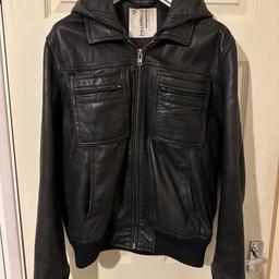 Men’s Full Circle Black Leather bomber Jacket with hood, Size XL, £40.00