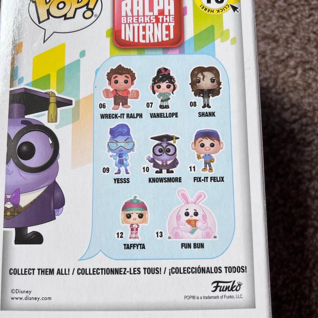 Pop Disney Ralph Breaks The Internet Knowsmore #10 Vinyl Figure Funko

This Knowsmore Pop! Vinyl Figure comes packaged in a window display box, and measures approximately 3 3/4-inches tall.

Cash on collection only
