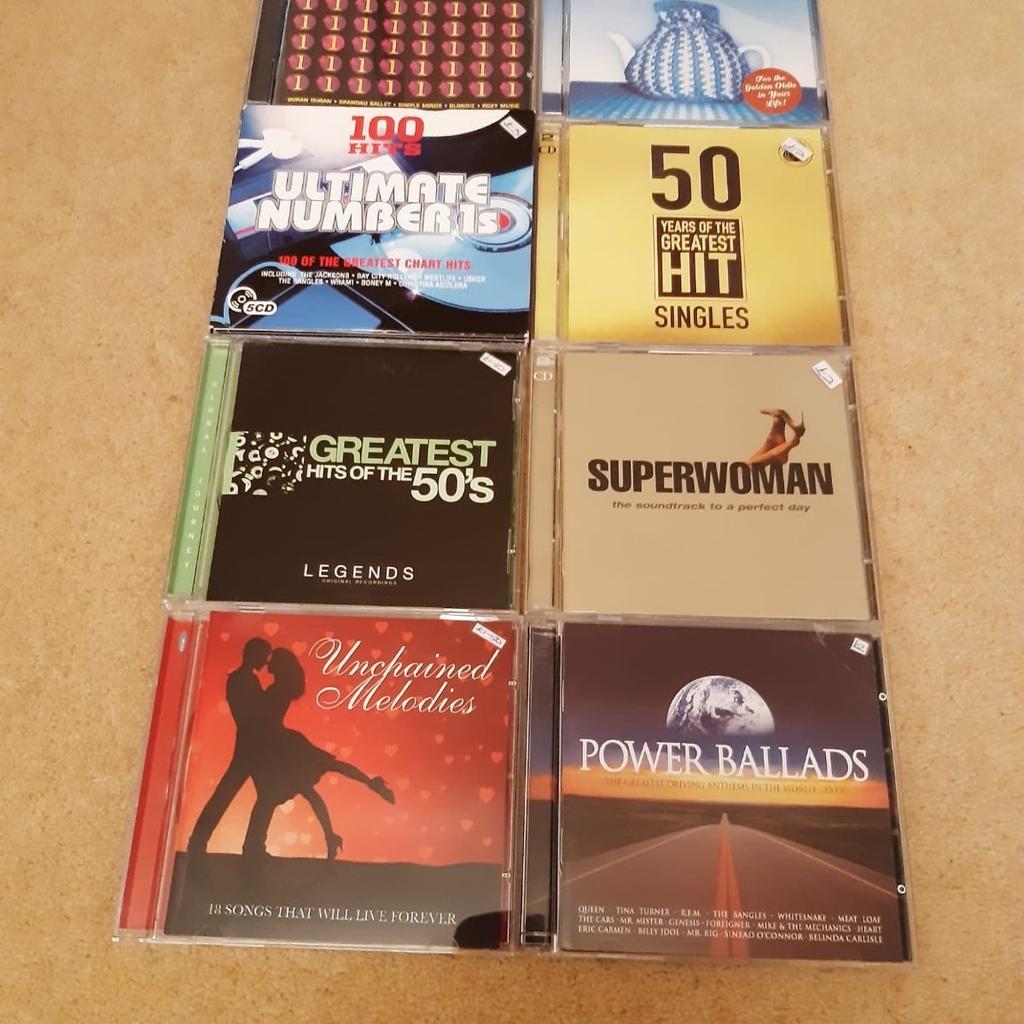 Selection of CD’s: The Original 80’s Number 1s Album, Power Ballads - The Greatest Driving Anthems In The World …… Ever (2 CD’s), Unchained Melodies - 18 Songs That Will Live Forever, Superwoman - The Soundtrack To A Perfect Day (2 CD’s), Greatest Hits Of The 50’s, 50 Years Of The Greatest Hit Singles (2 CD’s), Ultimate Number 1s - 100 If The Greatest Chart Hits (5 CD’s) and Golden Oldies - 63 Classic Hits From The Fifties & Sixties (2 CD’s). Priced from 50p to £1.50 each. Sorters welcome, or take the lot for £7.

Can deliver if local, may consider further at an extra cost.00