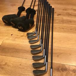 Golden Bear Powercurve graphite golf clubs. Nine irons (3-SW), three woods (driver, 3W, 5W). Optiflex. Ultralight Bimetal. Good condition. No bag. No putter. Collection only.