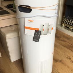 Brand new VAX air purifier never been used bought it but never used it been kept covered in spare room has no box no damage or marks like new size 40in diameter round /2ft- 4ins Height/ model no ACAMV101 quite tall paid £200 from new decided not to use it very good make air outlet on top/air quality display/fan speed/filter replacement light/ioniser/dust sensor/ comes with instruction book and remote can be seen working collection only please selling for £40 quick sale mint condition 