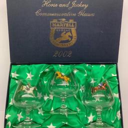 A set of 3 brandy glasses commemorating the 2002 Grand National.
Each glass features an image of one of the first three horses in the race:
Bindaree, What’s Up Boys and Blowing Wind.
Complete with the presentation box.
A couple of tiny flaws on the back of the Bindaree glass (2mm / 1mm).
The box has the odd tiny blemish.
£14.99 ono.