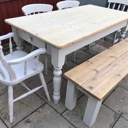 Beautiful solid farmhouse table, chairs with a bench. Collection preferred but can deliver depending where to. Thank you