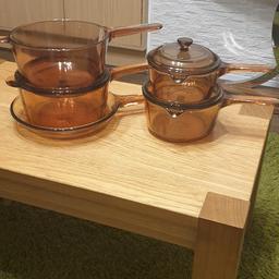 Vintage Vision Corning Amber 8 Pieces pots and pan set made in France .
excellent condition you can use for gas and electric cooker. I can sell saperatly if someone want one or two .
if you check another person online  asked for about £300 but I want to sell them quick that is why I don't aske for more