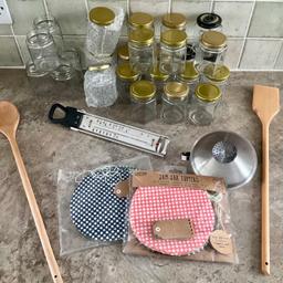 Jam making kit with new and used jars, thermometer, spoons, jam jar toppers,