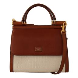 Brown Leather Beige Cotton Hand Shoulder Sicily Bag