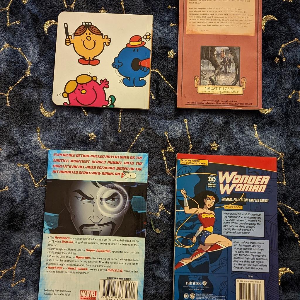 4x assorted children's books including little miss sunshine, the spiderwick chronicles, avengers and wonder woman. All in great condition read as a child then stored in a box. Collection or delivery at buyers cost. Offers accepted on multiple items. PayPal, shpock pay or bank transfer accepted.