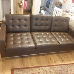 used brown leather sofa with button designs. 3 seater. chromr legs and space under for storage. smart size good for small living rooms. Some marks on it but comfy and can add fleece blanket to cover/decorate. collection only i cannot deliver sorry.
PET FREE SMOKE FREE