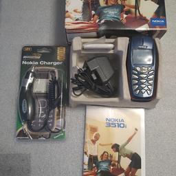 Vintage Original Nokia 3510i.
Original Nokia Charger, Nokia Travel Charger, Nokia 3510i User Guide.
Unlocked to all networks 
Collectible item
Collection Only.