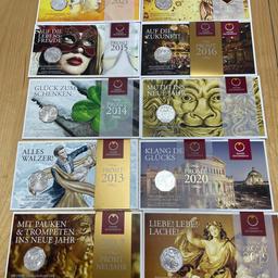 Verkaufe 5€ Silber Münzen Konvolut Prosit Neujahr von Münze Österreich 10 Stück verschiedene Jahrgänge. Kein einzelverkauf. Versand trägt der Käufer und auch das Risiko dabei. Fix Preis.