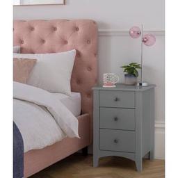Brand new in box 📦 

Bedtime is as easy as 123, with our Shaker style 3 drawer bedside table. Sitting on a curved plinth with metal button handles, it offers plenty of room for night time essentials. Perhaps ear pods and phone charger in the top drawer, pampering essential oils, lenses or glasses in the middle and maybe spare PJs in the bottom. Dress the top with a lamp and the latest page turner and you're set to slumber. White and bright it will not only cheer up your night but will look good with any dcor, modern or traditional.
This bedside table has three drawers for keeping your night time essentials within reach – a space for everything! Let's not forget the top; there's ample space for your alarm clock or reading lamp. Its raised on legs to make your room feel more airy. Keep your bedroom bits and bobs stored away (or on show) in style with Minato.
Part of the Minato collection.
•	Made of MDF.
•	Metal handles.
•	Made from FSC certified timber.
•	3 drawers with metal runners.
•