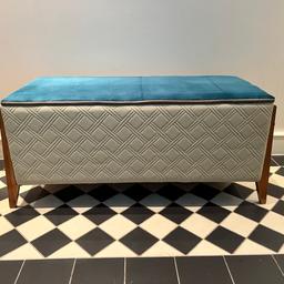 Great price for a very useful storage box, blanket box, toy box, ottoman…

Lovingly restored and new reupholstered seat in a gorgeous teal velvet fabric

Original mid century vintage case and stylish legs. 

Dimensions 
99cm/39” wide
41cm/16” deep
43cm/17” high

Collection only from Highbury & Islington - London N5