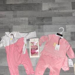 Two juicy Couture sleep suits both 3-6 months & two Juicy couture shoes pre walkers both size up to 6 months. Brand new with tags