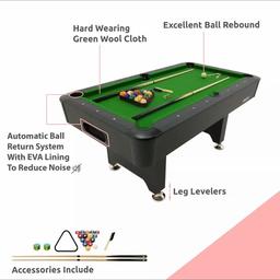 Brand new pool table in box

Best present/gift

Stable and Robust 6ft Pool Table Made to Last and Withstand some Serious Play
Classic, Elegant, Refined Styling and Automatic Ball Return System with EVA Lining to Reduce Noise

It includes 1 x Plastic Brush; 1 x Plastic Triangle; 2 x Chalk; 2 x 57” Cue; 1 x Set of 2-1/4” Balls