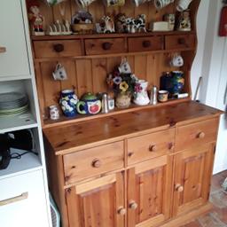 Soild pine welsh dresser top has been handmade to match bottom cabinet,top can be removed for transporting, height 7 ft width 4 ft depth 18 inches
