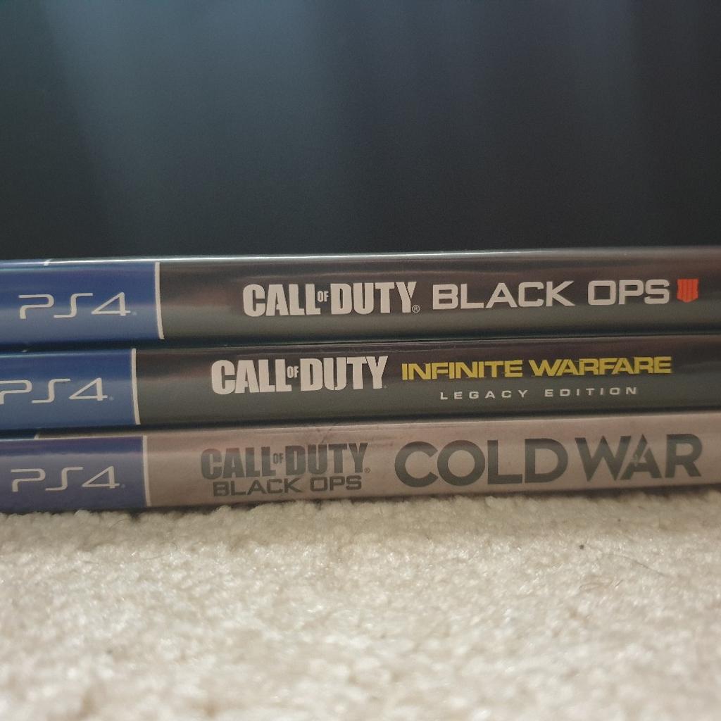 3x PS4 Game Bundle

Included:
-Call of Duty: Black Ops 4
-Call of Duty: Infinite Warfare
-Call of Duty: Black Ops Cold War

Can be delivered or collected from ME19 6.