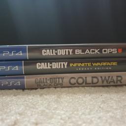 3x PS4 Game Bundle

Included:
-Call of Duty: Black Ops 4
-Call of Duty: Infinite Warfare
-Call of Duty: Black Ops Cold War 

Can be delivered or collected from ME19 6.