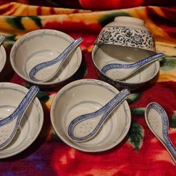 Set of 6 oriental design soup bowls and soup spoons.
Great for Noodles/ roce noodles / soups
beautiful hand printed design around the bowl and spoons.