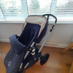 Bugaboo Cameleon pushchair. Used but in overall good condition. There is some discoloration to the hood, from the sun, some black marks on the side metal bars and damage on the bumper bar, please see pictures.
Included is also a diaper bag, which is in very good condition outside, but it has a red pen stain inside. This bag is by Jem + Bean and it cost me around £100.
Also included is the footmuff  and the rain cover, both in very good condition.