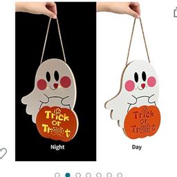 Package: You will get 1 pack lovely ghost door hanger sign with LED lights, ideal for Halloween front door decor, garden, tree, wall decorations.
Features: Featuring adorable ghost image with pumpkin color LED lights, it shines even at Halloween night, engraved with “Trick or treat”, will make a great addition to your Halloween party.
Material: This Halloween door sign decoration is made of wooden, durable and reusable, even last for years. There is a very good sense of drape, very suitable for hanging on the door.
Size: The size of the ghost door sign approx 40 x 29cm/15.7 x 11.5inch, large enough for door decoration. Comes with jute string for easy hanging,no assembly needed.
Built-in LED Lights: The ghost door sign is attached with LED lights (batteries are not included) for brighting up your home and adding more festive atmosphere. Just install 2 AA batteries.
Description
Halloween door sign featuring adorable ghost image with pumpkin color LED lights, it shines even at Halloween