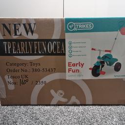 Introducing the TP Toys Early Fun Trike! The perfect first, 2 stage trike for kids aged 24-36 months, which adapts as your child grows – making sure your little ones ride around in ultimate style.

Featuring an adjustable seat and removable parent handle, helping to assist your little one to control the trike. The 3-point safety belt will ensure your little one is kept safe with soft touch handlebars ensuring for a tighter grip. The Ocean Wave comes in a dazzling blue with contrast red handles and pedals.

Stage 1: At 24+ months the Early Fun works as a training trike with assistance from the parent handle.

Stage 2: At 30+ months, remove the parent handle, turning the Early Fun into an independent trike where your little one can pedal without your guidance.