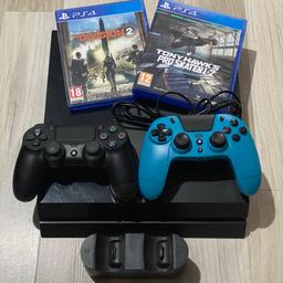 PlayStation 4 - 500gb
Perfect working condition.
Nothing wrong with it. 
Very clean - do not overheat !!!

The console comes with :
- 1 original, wireless controller
- 1 wired controller
- dual charger
- 2 games
- HDMI, power and charging cable 

CAN BE SEEN WORKING !!

CAN BE DELIVERED FOR SMALL FEE !!