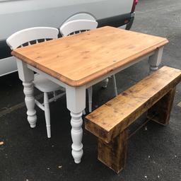 farmhouse 4ft table and chairs with rustic bench. Lovely solid set. Collection preferred but can deliver depending where to. Thank you