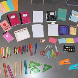 Our generation school set. This is a couple of the school sets mixed together, includes desks and teacher drawers lots of accessories books, bags, pencils, crayons, rulers, calculators, stickers, paper, ect
Can post for extra