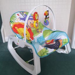 Rocker grows with your baby, from infant to toddler. Has a deep comfy seat & reclining seat back with calming vibrations to help soothe baby​​. Removable toy bar with toucan clackers & lion rollerball​, foldout kickstand for stationary seating​. Machine-washable seat pad.
I have two available. Both cost £49.99 each from SMYTHES. Both are in great condition, clean, from a pet and smoke free home.

Collection from Walmley, B76 1QZ.