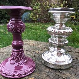 Beautiful pillar candle holders . Lovely decorative good quality holders . Chunky silver and purple . Think purple was Laura Ashley . Paid this for one . Great at Christmas time . Beautiful items