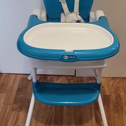My Child Graze 3 in 1 Highchair colour Aqua blue & white in good condition, some minor scratches. Multipurpose use: normal highchair, booster seat or stool. Has 2 recline positions, footrest, removable feeding tray with a dishwasher safe upper tray. Portable-neat fold and convenient handle for easy carry. Safety harness when in booster mode with innovative storage space for booster straps. Instruction manual included. Suitable for 6 months- approx 3 years. Open dimensions: 60cm x 75cm x 94cm
Closed dimensions: 42cm x 37 cm x 23cm. Boxed in original box so it's easy to carry. From smoke and pet free home. Cash only on collection from London N1