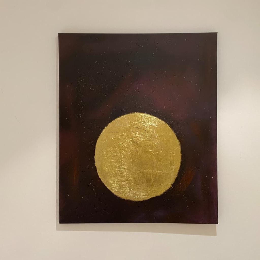 Original canvas art with gold leaf - A2 size

Deep purple and burgundy background with a gold leaf moon with relief.

Proceeds of sale will go to the MNDA charity. Collection from London, W1H

Offers considered