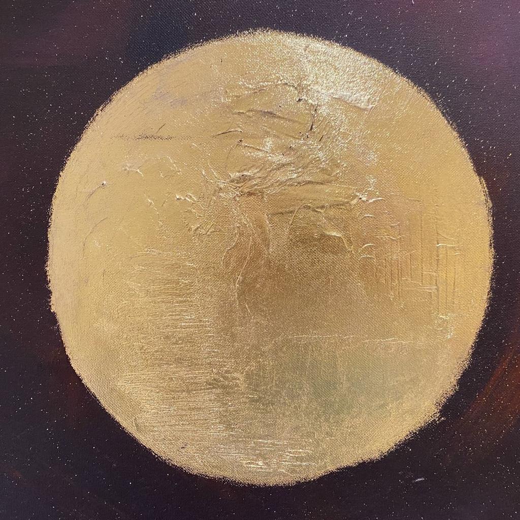 Original canvas art with gold leaf - A2 size

Deep purple and burgundy background with a gold leaf moon with relief.

Proceeds of sale will go to the MNDA charity. Collection from London, W1H

Offers considered