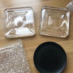 3 Large candle plates/holders New.
2x clear square plastic glass flat holders. Size 13cm long and wide.
1 black round holder diameter 13cm. All new unused.