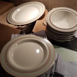 johnson brothers dinner set offwhite with colours round edge.   
6 large plates
8 side plates
6 bowls
DISHWASHER. FREEZER.
MICROWAVE SAFE.

THE LOT. 10PDS