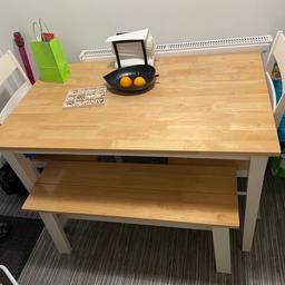 68cm x 114cm table that’s pine and white effect. Comes with two chairs and one bench.

Collect from Audenshaw or can deliver for a small fee locally.