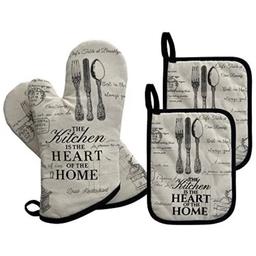 4-Pack ▶️Including 2 x Oven mitt 2 x Pot holders.

OPTIMUM SURFACE ▶️ The pot-holder measures 7*9 inches to give you an optimum surface area to work with, and it has been made of 100% cotton canvas fabric which makes it highly resistant to high temperatures.

NO HASSLE ▶️ The advantage of the pot holders with pockets is that they can be quickly grabbed and used when you are cooking in a hurry and there is no hassle of wearing them and taking them off.

COATED COTTON LINING ▶️ 100% Cotton Canvas soft fabric with vintage printing design.Quilted silver acrylic coated cotton lining,for better heat protection.

DÉCOR ▶️ The Kitchen Packs could be a part of your kitchen décor.Anyone who loves a classic style would fall in love with this set.