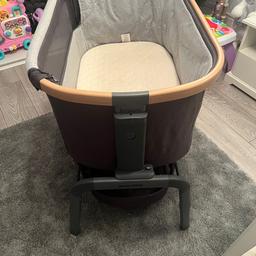 Is in excellent condition, also can give you a sheet. Our baby has out grown this but was an excellent bed to have next to us in our room. Has 5 different height positions can also have one side higher than the other.  Can be folded down into bad to take as a travel cot. Collection Only.