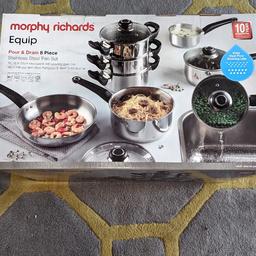 Brand new morphy Richards stainless steel pour and drain 8 piece pan set.

Suitable for all hobs.

Unwanted gift.