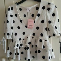 new with tag miss selfridge polker dot frill blouse top size 4 petite will fit a 6 also