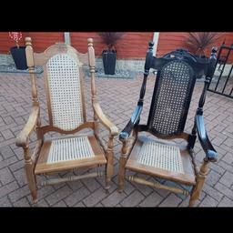PAIR ANTIQUE OPEN ARMCHAIRS WITH CANE SEATS AND BACKS.
VERY COMFORTABLE 
ONE PARTLY PAINTED.
PICK UP MATCHBOROUGH WEST REDDITCH B98
Can deliver locally for fuel to door.