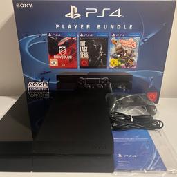 PlayStation 4 in Originalverpackung.

Absolut neuwertiger Zustand.

Komplett mit 3 Spielen.

Festpreisangebot 300,— €