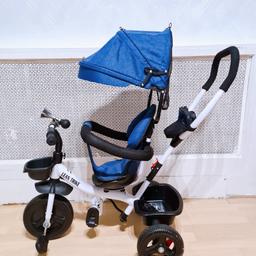 Lovely tricycle with handle to maneuvers 
Practical storage bag, front basket and large basket at the back

Working horn
Top protective cover
Breaking system
Footrest.

Bought for £100

Have a look at my other listing